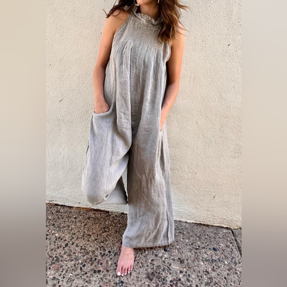 Sleeveless Ruffled Neck Wide-Leg linen Jumpsuit dark grey.